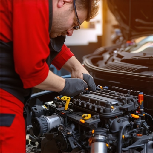 Mechanic analyzing a car's engine with diagnostic tools.
