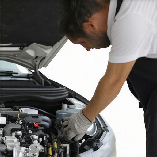 Mechanic checking fuel lines and filters in a car engine