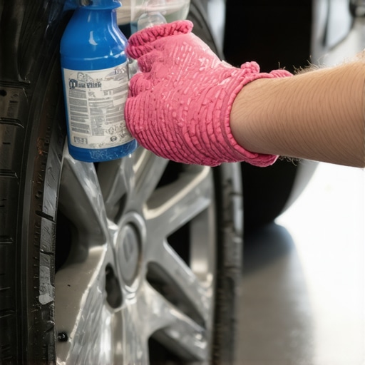 A person carefully cleaning alloy wheels with a microfiber mitt and spray bottle, demonstrating a scratch-preventive method.