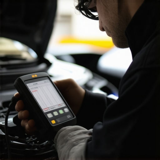 Mechanic with advanced diagnostic equipment checking a car's electronic systems
