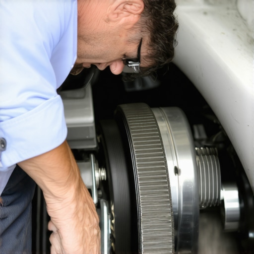 A detailed image showing a mechanic checking the serpentine belt and pulleys in a car engine.