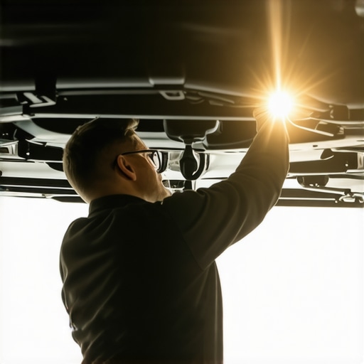 Mechanic examining the sunroof drain of a car with a flashlight and tweezers