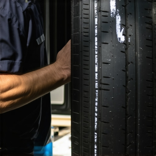 Mechanic marking tire wear patterns with chalk for inspection