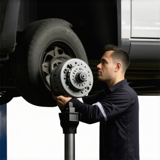 Mechanic using a jack to lift a car and examining the wheel hub for potential issues.