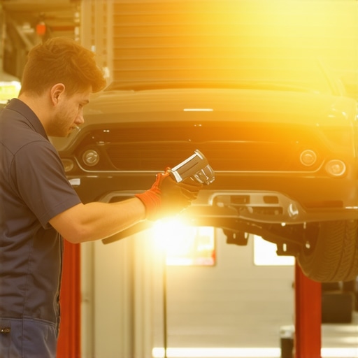 Auto technician examining vehicle suspension for damage after curb impact.