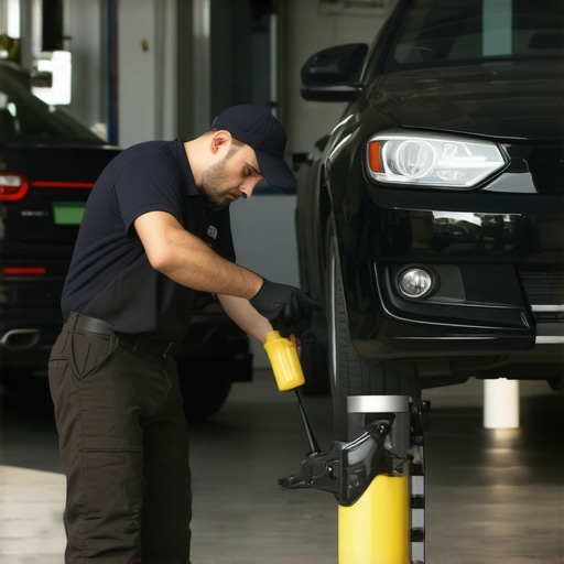 Mechanic changing car oil using tools in a garage.