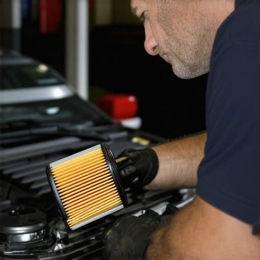 Mechanic holding a new oil filter in a workshop setting