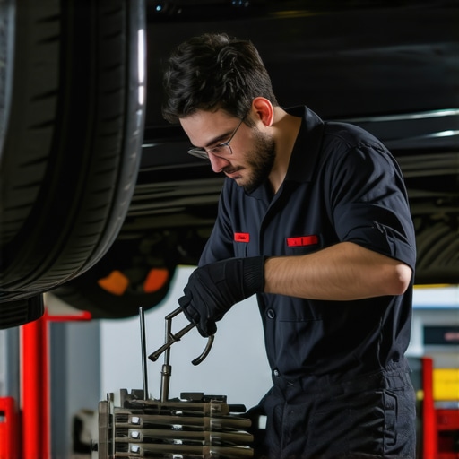 Mechanic inspecting brake components Car brake inspection by a mechanic in garage