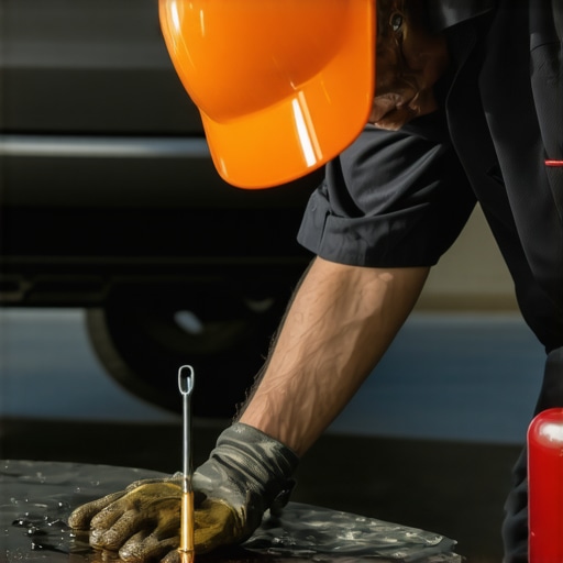 Mechanic inspecting transmission fluid Mechanic checking transmission fluid level and quality during maintenance.