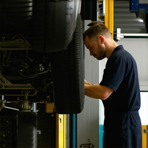 A car mechanic checking the differential and transmission components beneath a vehicle in a professional garage