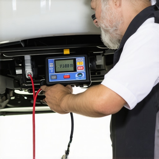 Technician measuring refrigerant pressure with a digital manifold gauge in a workshop.