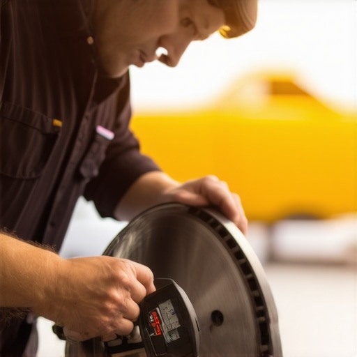 Mechanic measuring brake rotor flatness with a digital dial indicator in a repair shop.