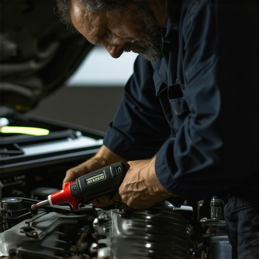 Mechanic calibrating a digital torque wrench on engine bolt
