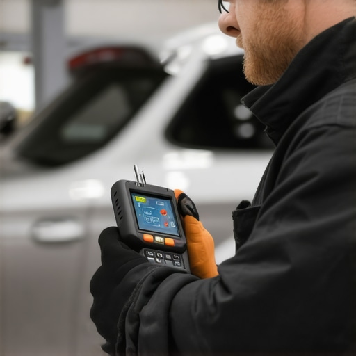 Mechanic calibrating car bolts with a digital torque wrench and scanning vehicle diagnostics