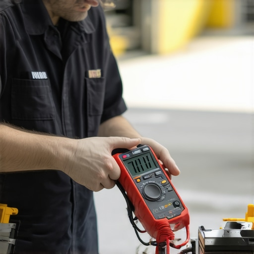 Mechanic measuring vehicle electrical system with multimeter and ultrasonic leak detector