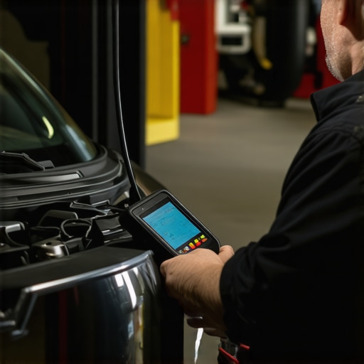 Mechanic inspecting vehicle diagnostics with a modern scanner device.