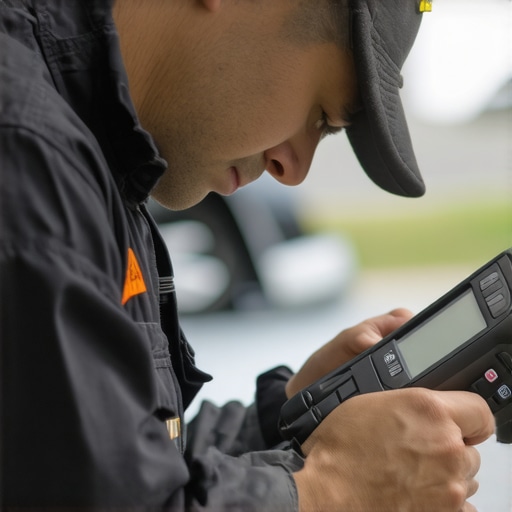 Professional Car Diagnostic Tool in Action Mechanic using high-tech scanner to diagnose vehicle issues in garage.