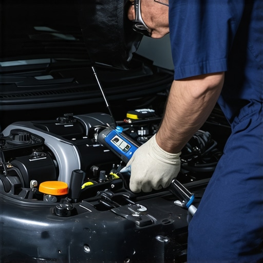 Mechanic working with diagnostic tools on a car engine, illustrating expertise in vehicle maintenance.