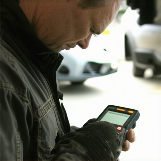 Professional Diagnostic Equipment in Action Mechanic testing a car's electronic systems with a diagnostic scanner.