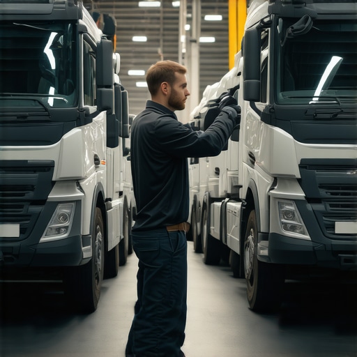 Mechanic using diagnostic tools on trucks in a garage