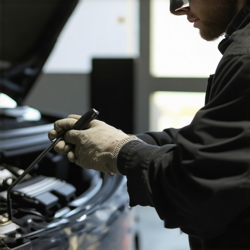 Mechanic analyzing transmission fluid with a spectrometer machine in a garage.