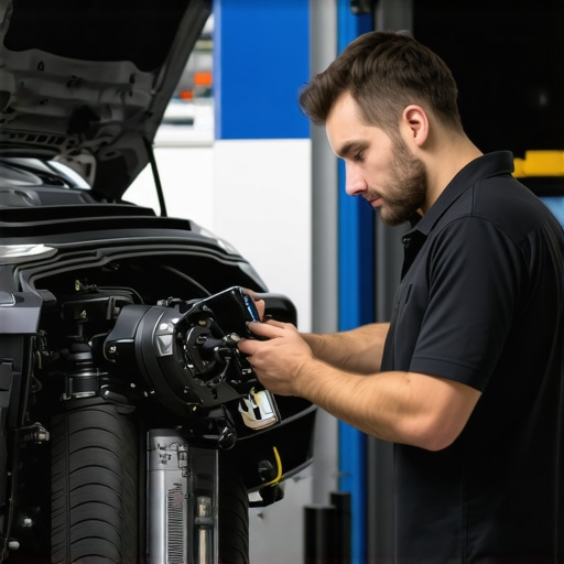 Mechanic conducting a thorough brake inspection using diagnostic equipment in a service center