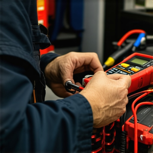 Mechanic measuring electrical system with digital multimeter and diagnostic scanner in garage