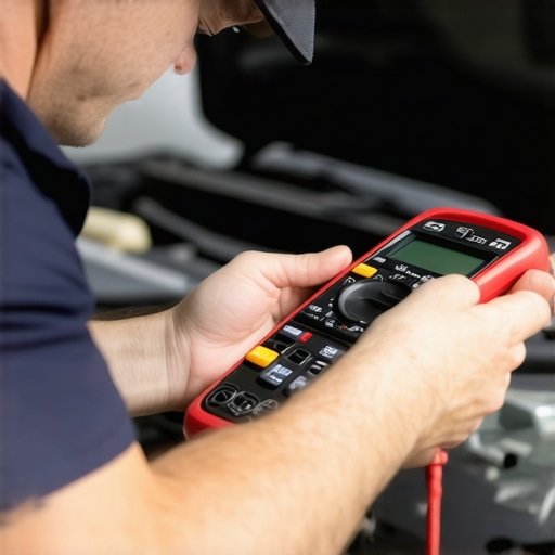 Mechanic diagnosing a car's electrical system with digital tools