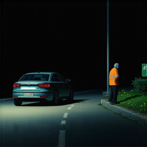 Person waiting safely beside their car in a well-lit parking lot during nighttime.