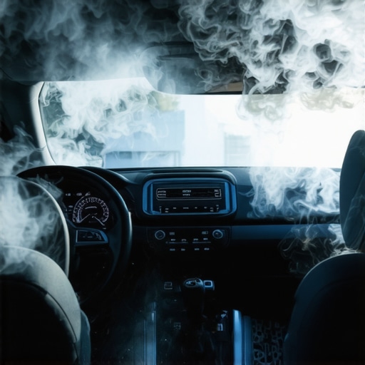 A technician using a steam cleaner on a car's interior upholstery and dashboard