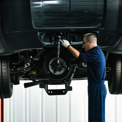 Auto mechanic checking suspension parts under the car