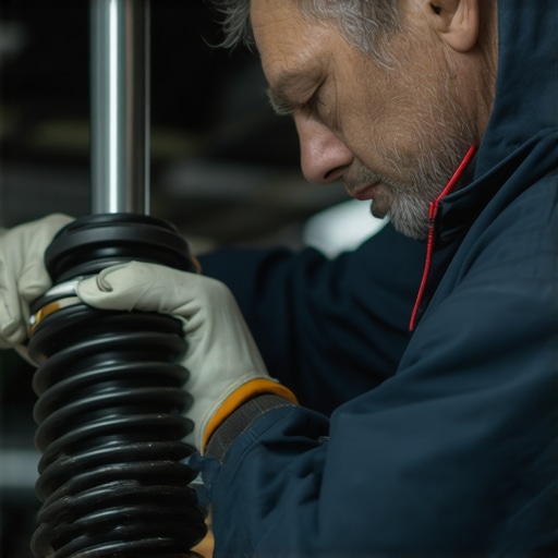 Mechanic examining vehicle shock absorbers during service