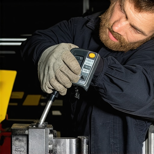 A mechanic adjusting bolts with a torque wrench and inspecting engine temperature with an infrared thermometer
