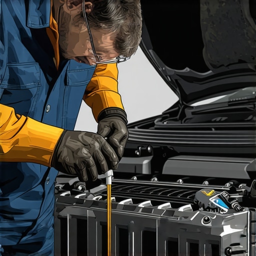 Mechanic inspecting transmission fluid dipstick during car maintenance.