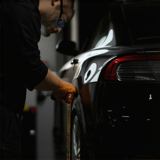 Mechanic draining transmission fluid from a car in workshop