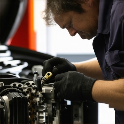 Transmission inspection in progress Mechanic examining transmission components in a workshop.