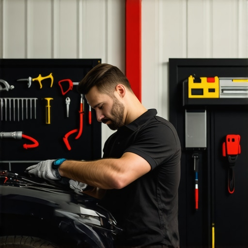 Mechanic inspecting a vehicle in a tidy repair shop