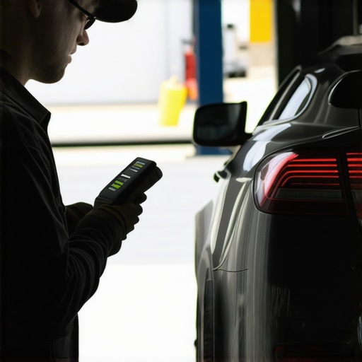 Mechanic inspecting car diagnostics with a high-tech scanner in a garage.
