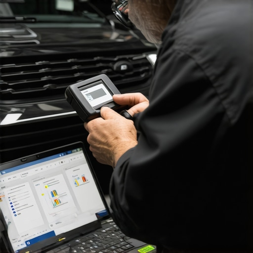 Mechanic operating OBD2 scanner on vehicle with diagnostic software on laptop screen.
