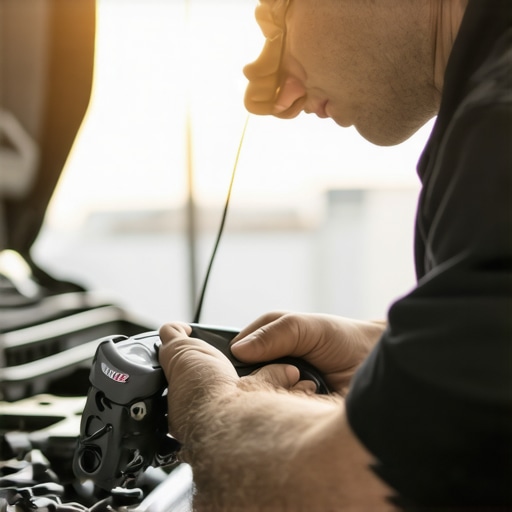 Mechanic scanning car engine with professional diagnostic equipment