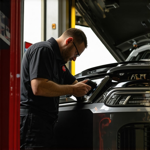 Mechanic connecting a diagnostic device to a car's OBD-II port to assess transmission and engine health.