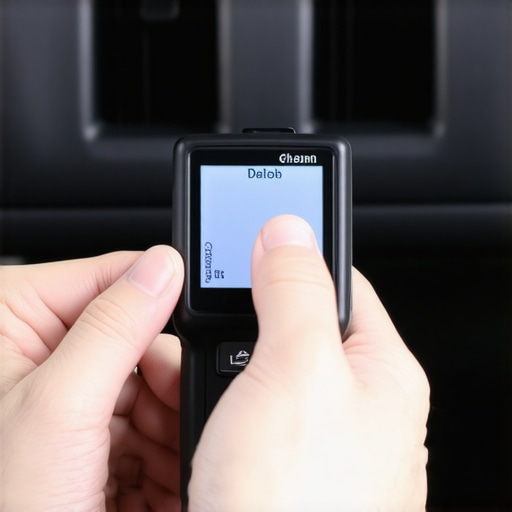 A technician's hands operating a professional OBD-II scan tool on a car's dashboard