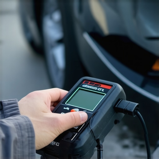 Using a modern automotive diagnostic scanner Person with a diagnostic scanner connected to vehicle's OBD-II port for maintenance diagnostics