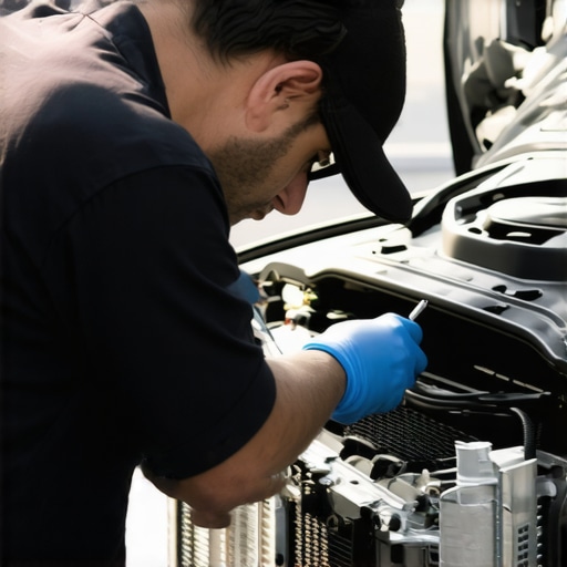 Mechanic checking car coolant and radiator in a sunny garage.