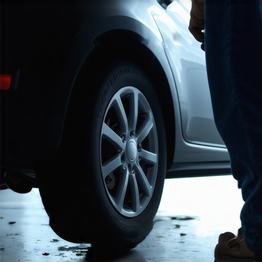 Wheel balancing process at a professional garage Technician using a digital wheel balancer on a car wheel in a service center