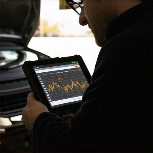 A mechanic performing a live drive diagnostic test on a vehicle using a tablet