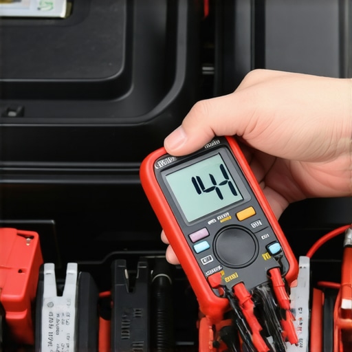 Mechanic testing alternator output voltage using a digital multimeter on car battery terminals to diagnose a hot smell.