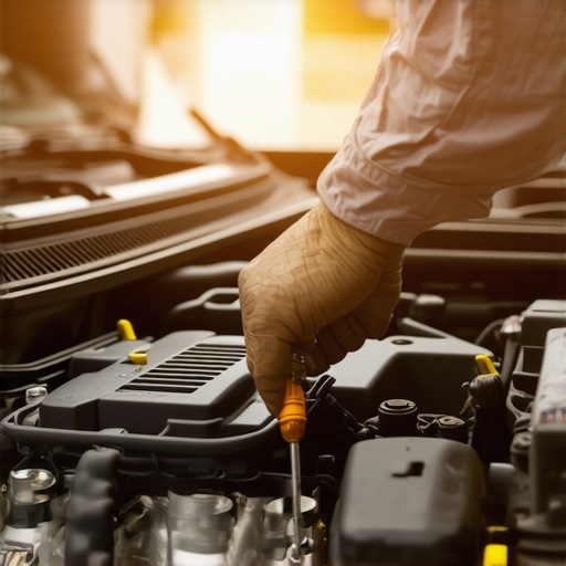 Close up of a mechanic checking the oil dipstick in a modern engine bay