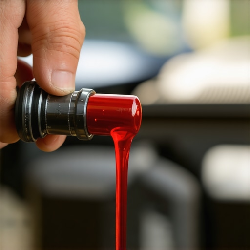 A mechanic inspecting red transmission fluid on a dipstick