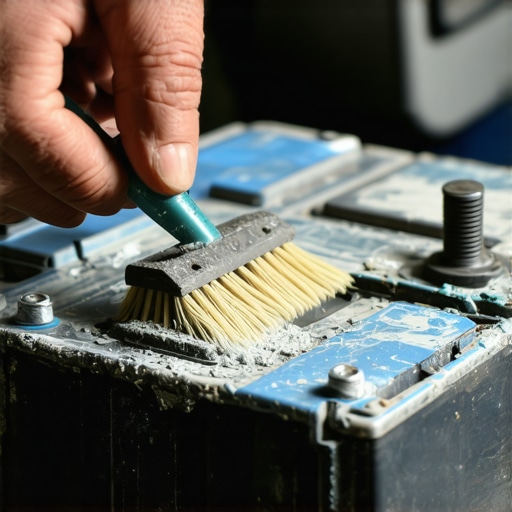 Close-up of a corroded car battery being cleaned with a wire brush to fix starting issues.